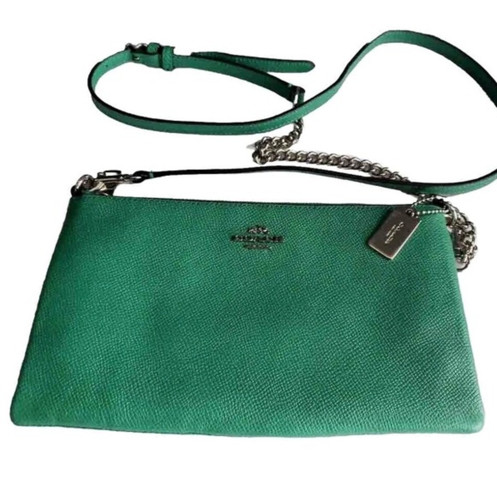 Coach Emerald Green Crossgrain Leather Crossbody Bag Chain Strap Messenger 40-14 - Picture 2 of 9